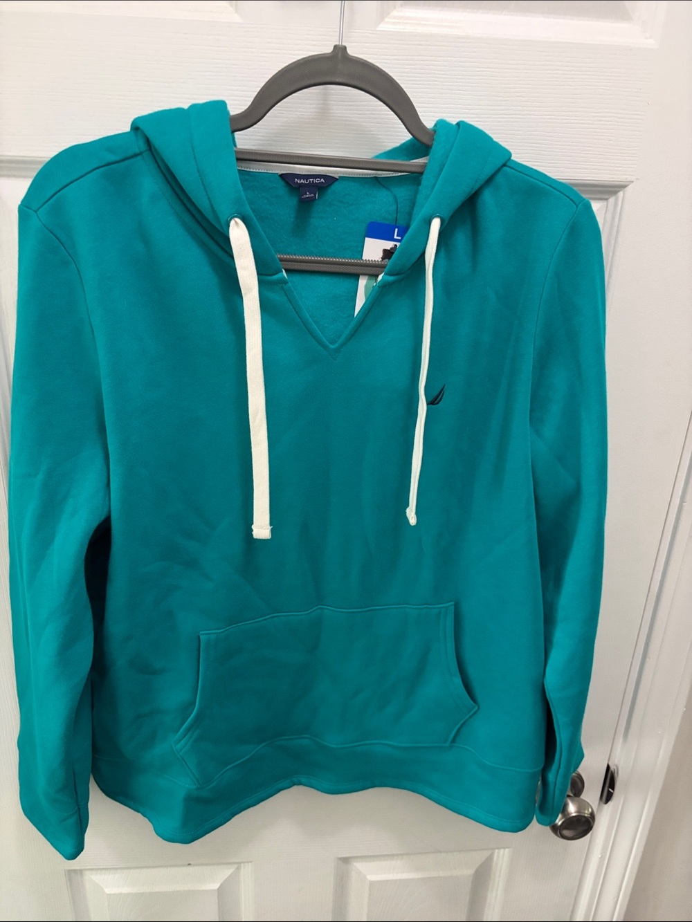 Nautica Teal V-Neck Hooded Pullover Sweatshirt with White Drawstrings